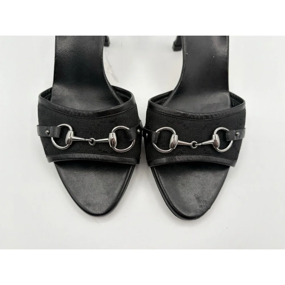 Gucci Black Leather Mules Canvas GG Logo Silver Horsebit Heels Y2K Size EU 35.5